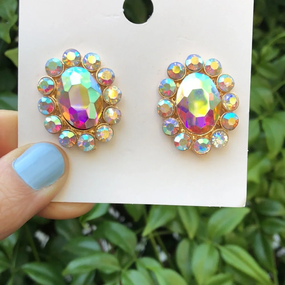 Aurora Borealis Oval Crystal Halo Statement Earrings